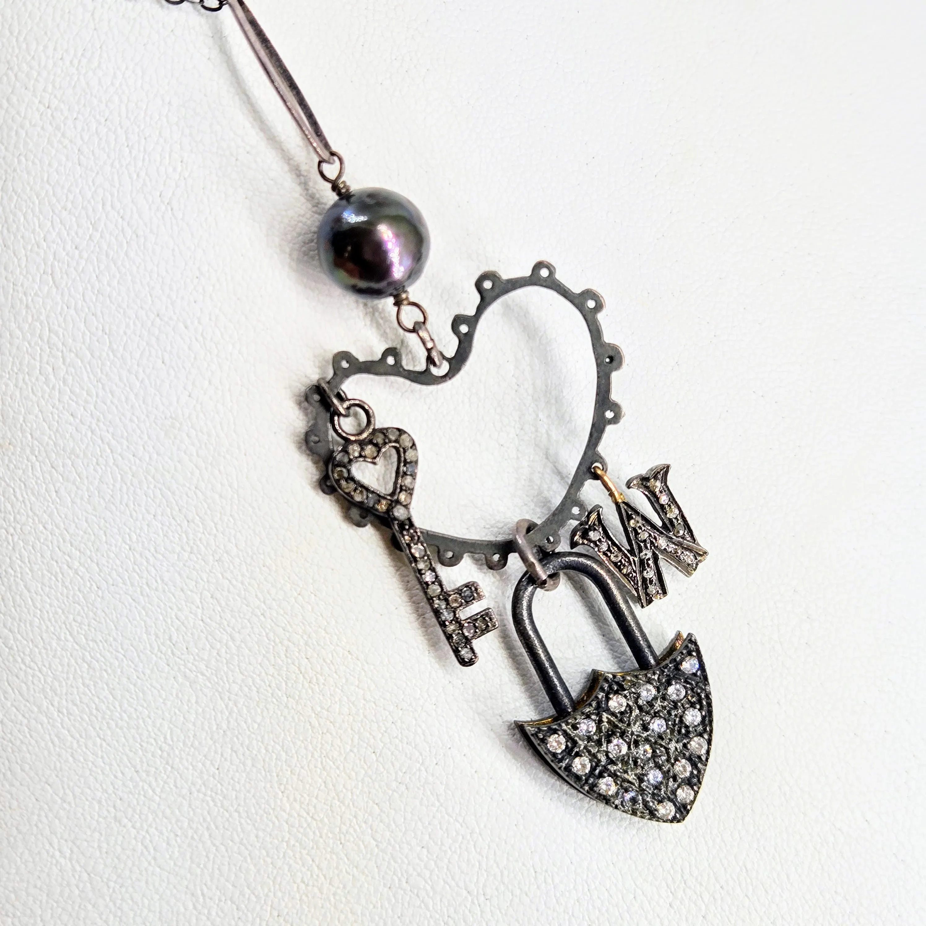"I Heart Key West" 2.75" Pendant Necklace - Pearl, Diamonds, White Topaz, Black Sterling, 18K Accents