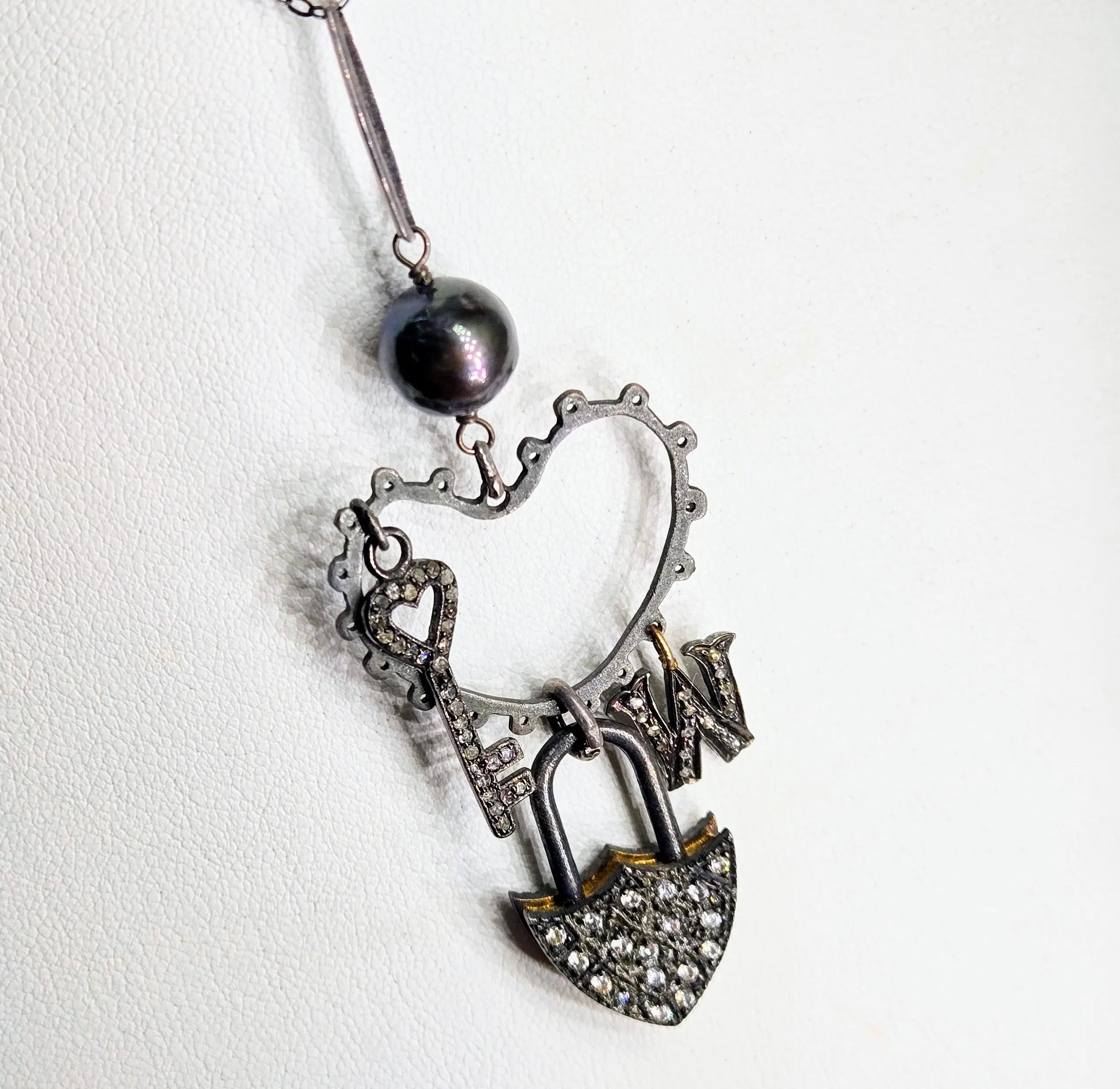 "I Heart Key West" 2.75" Pendant Necklace - Pearl, Diamonds, White Topaz, Black Sterling, 18K Accents