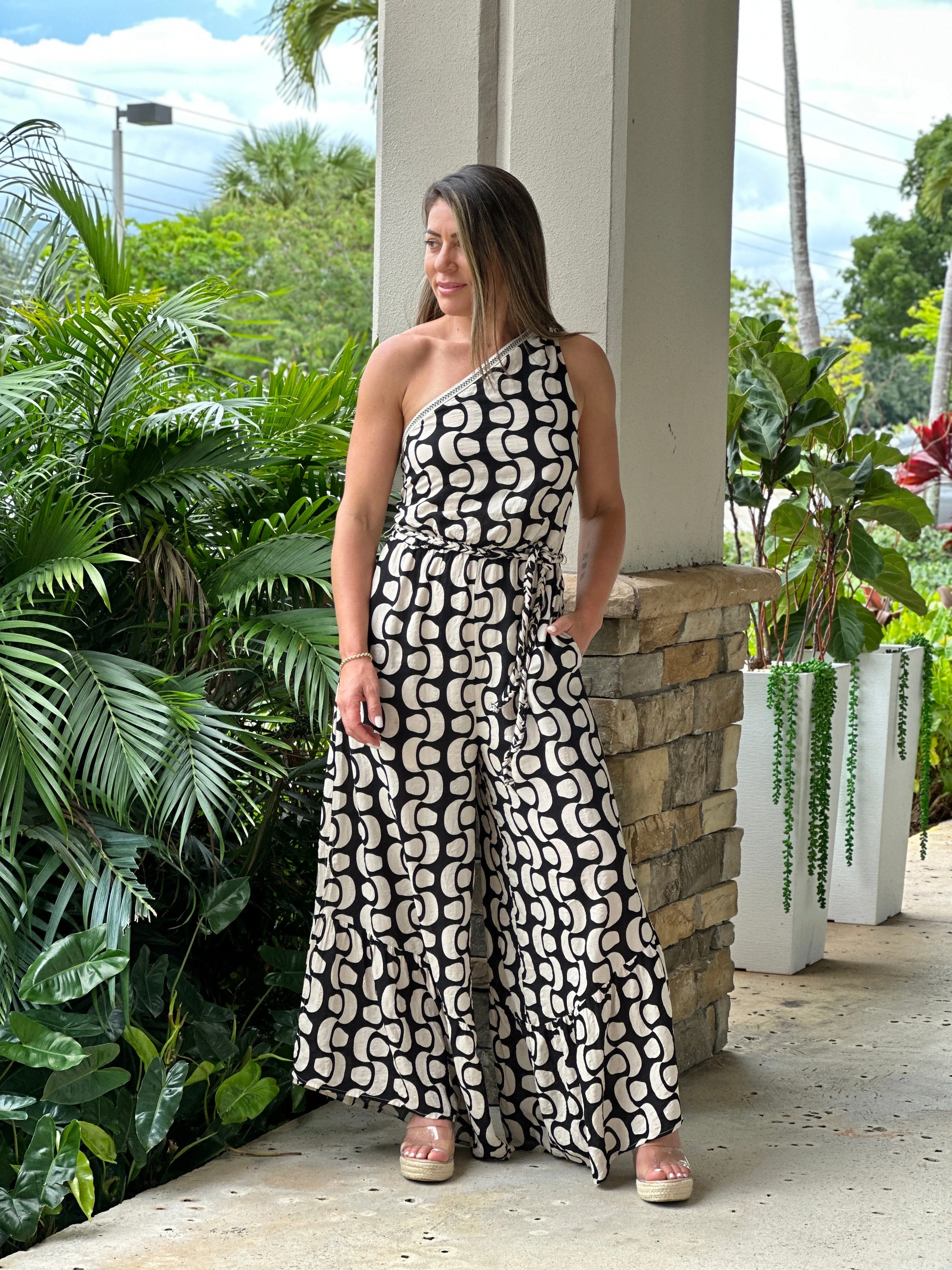 "Illa" Printed One shoulder Jumpsuit