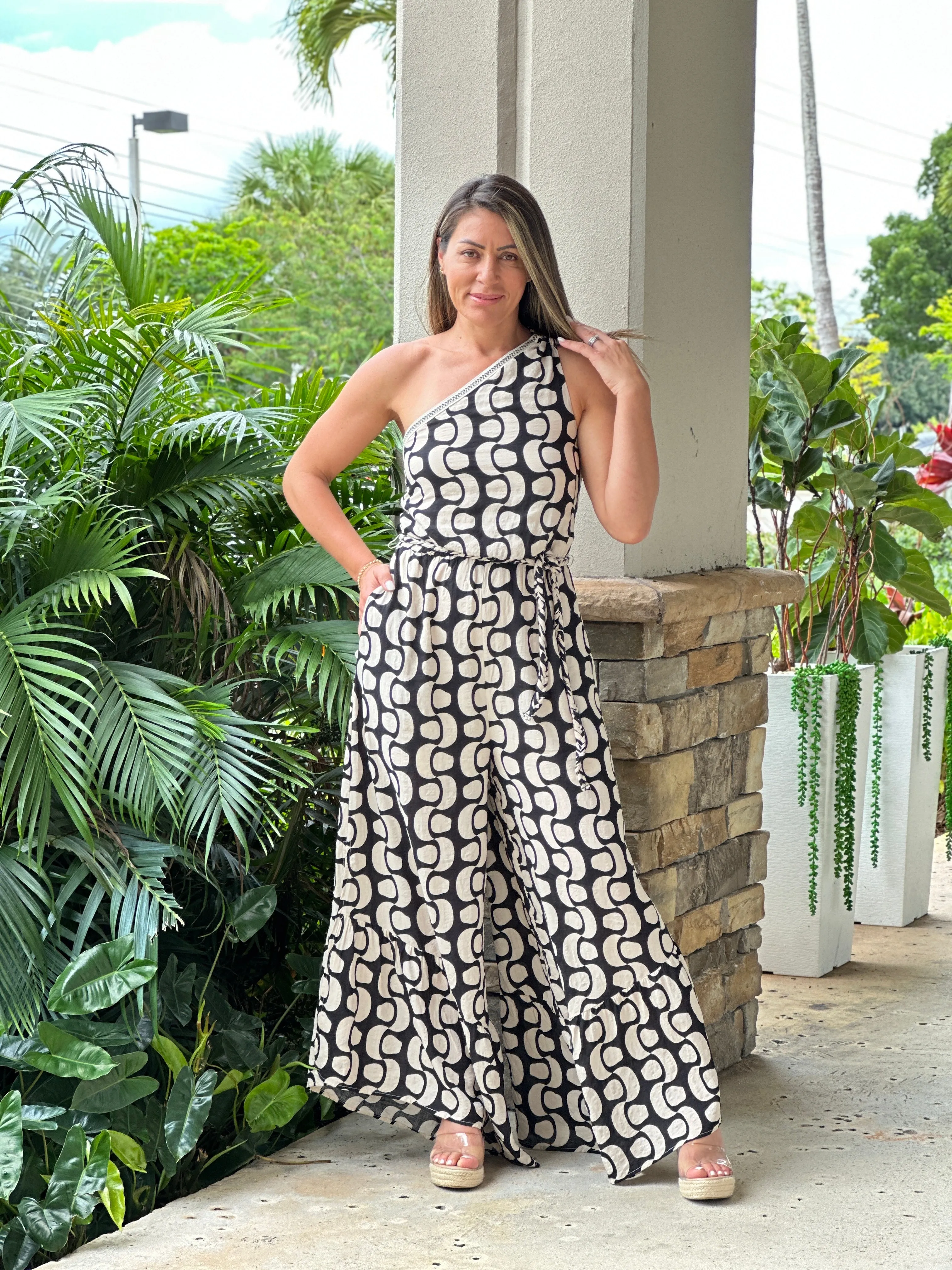 "Illa" Printed One shoulder Jumpsuit