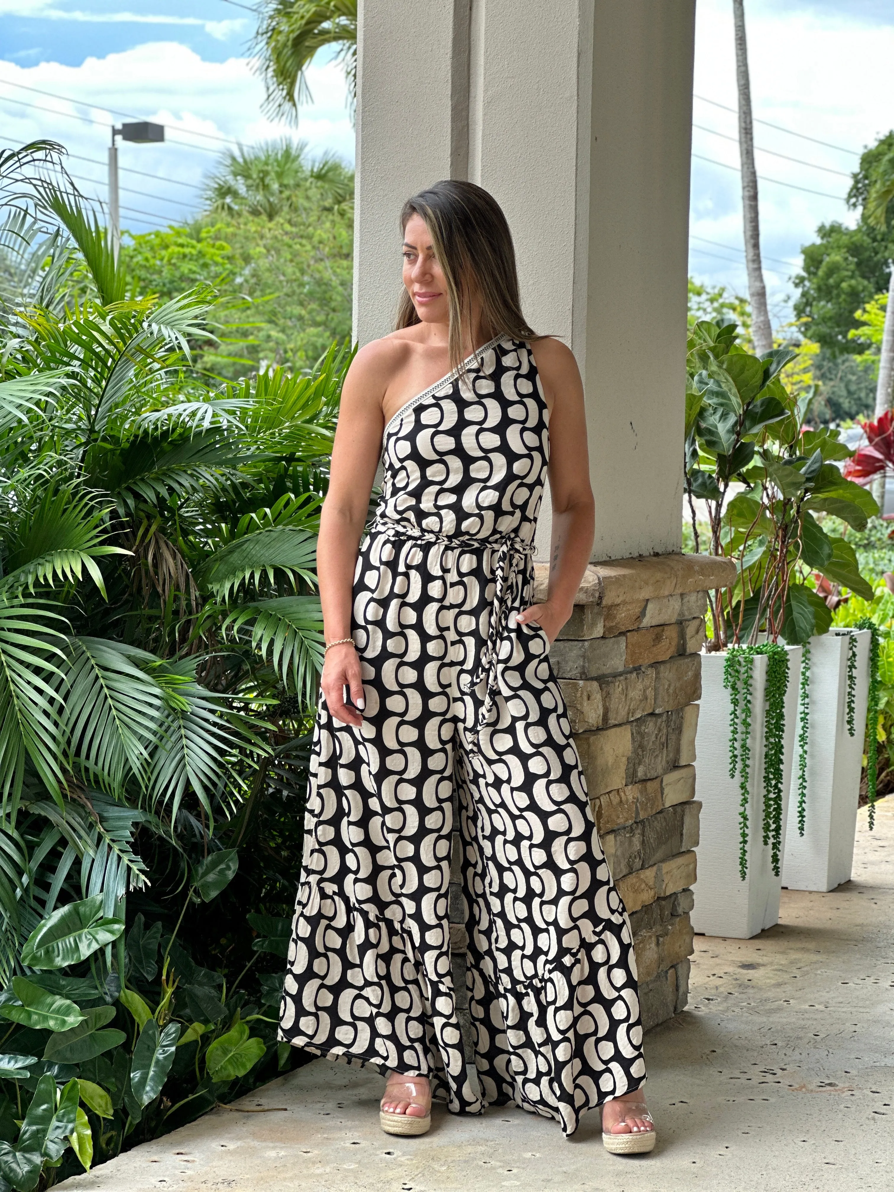 "Illa" Printed One shoulder Jumpsuit