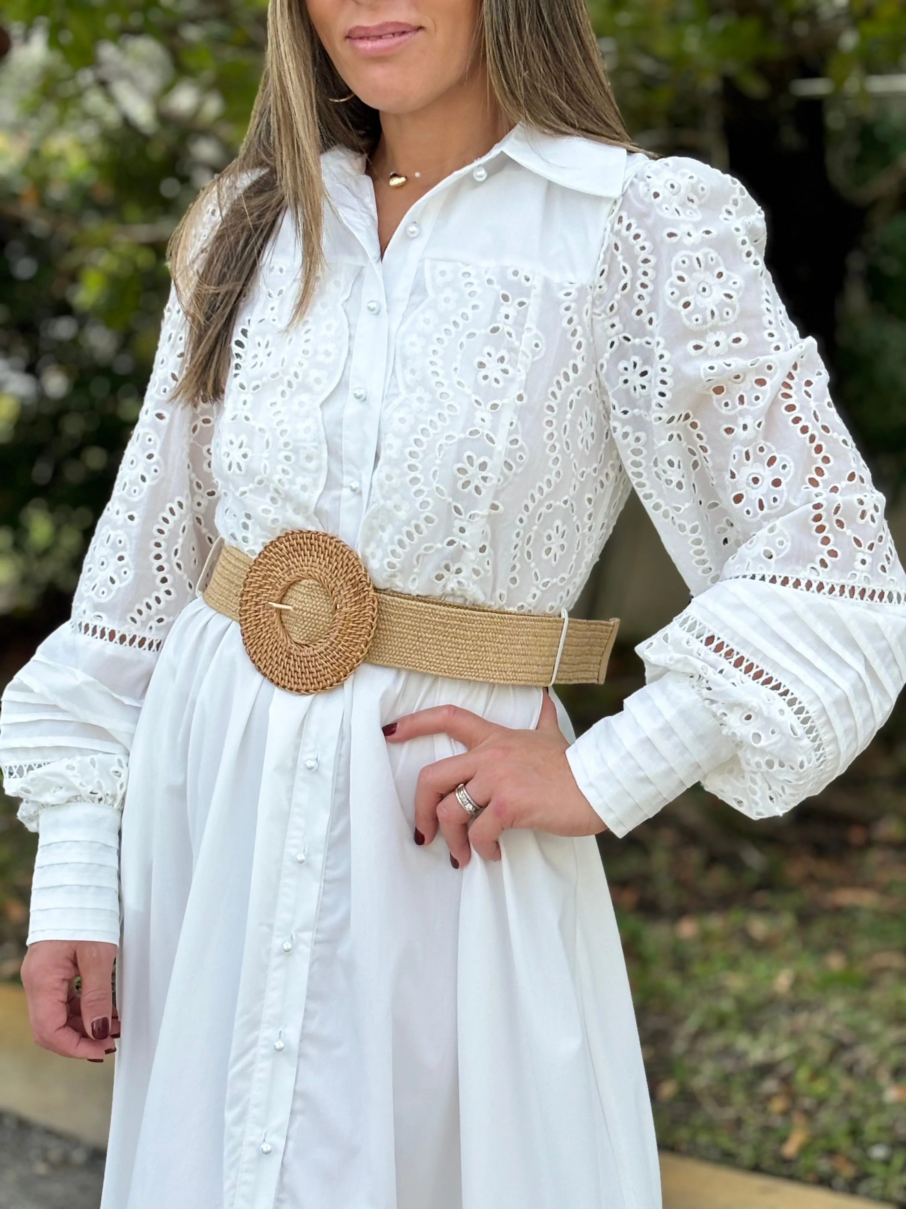 "Oriana" Long Sleeve Button Up White Dress