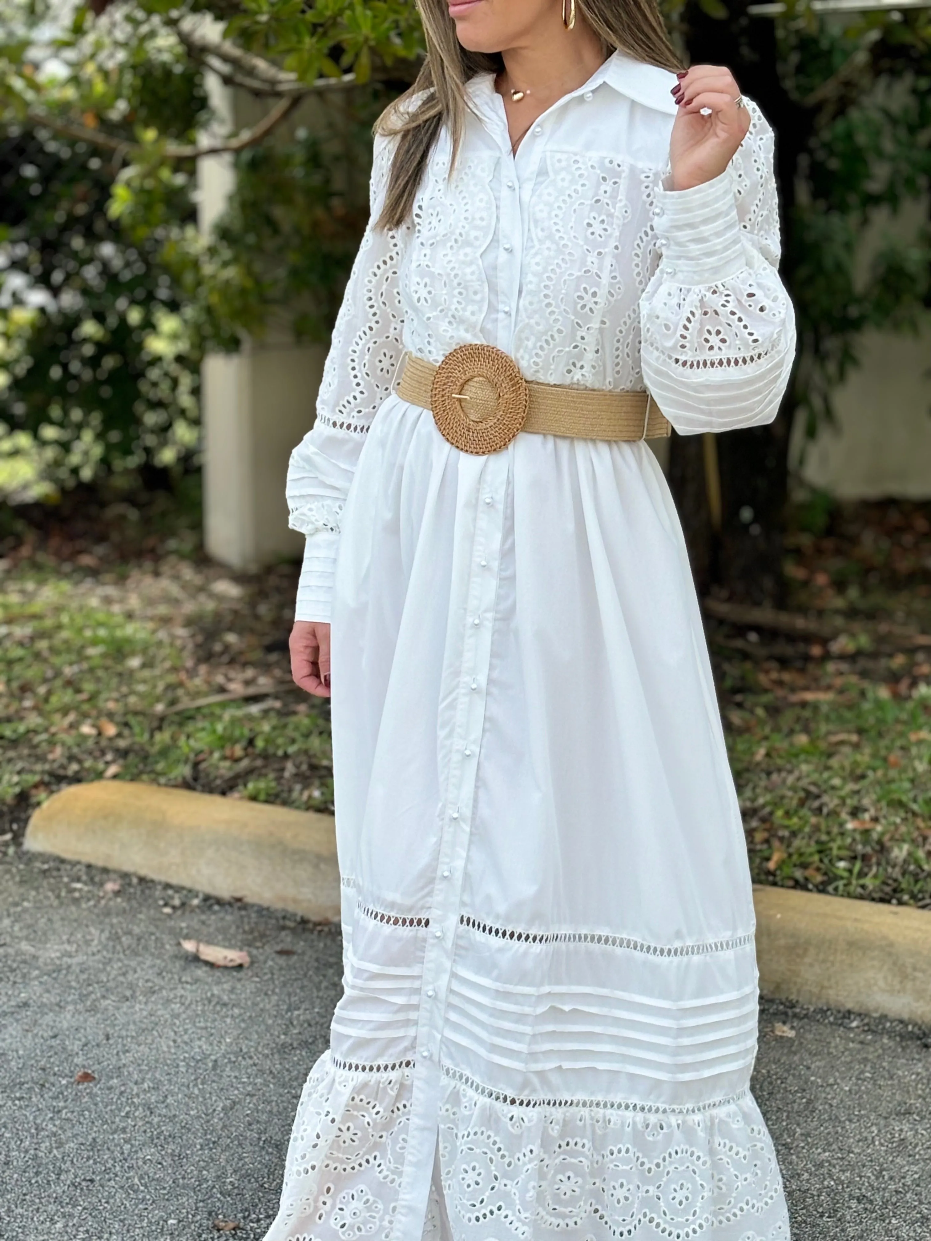 "Oriana" Long Sleeve Button Up White Dress