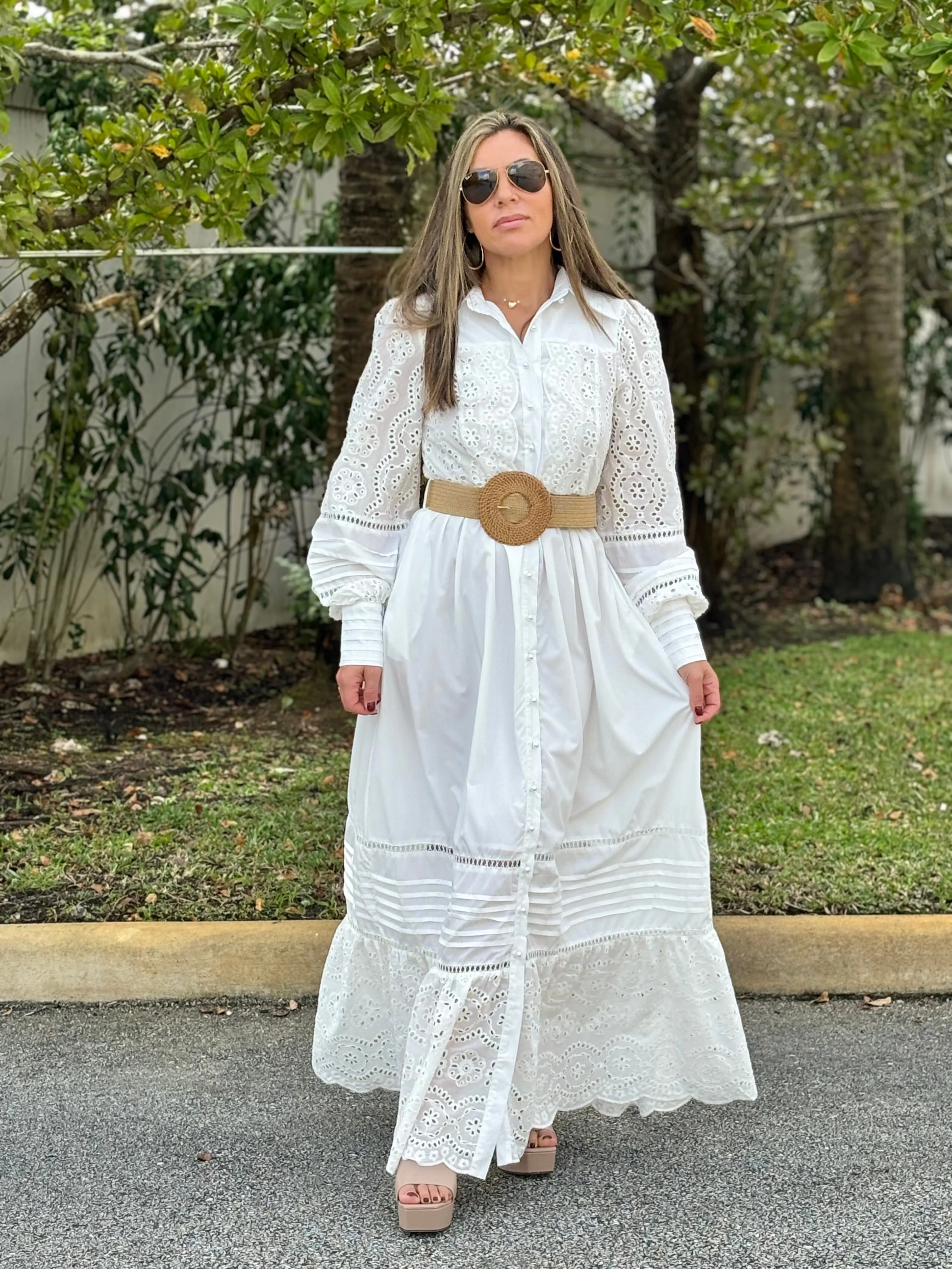 "Oriana" Long Sleeve Button Up White Dress