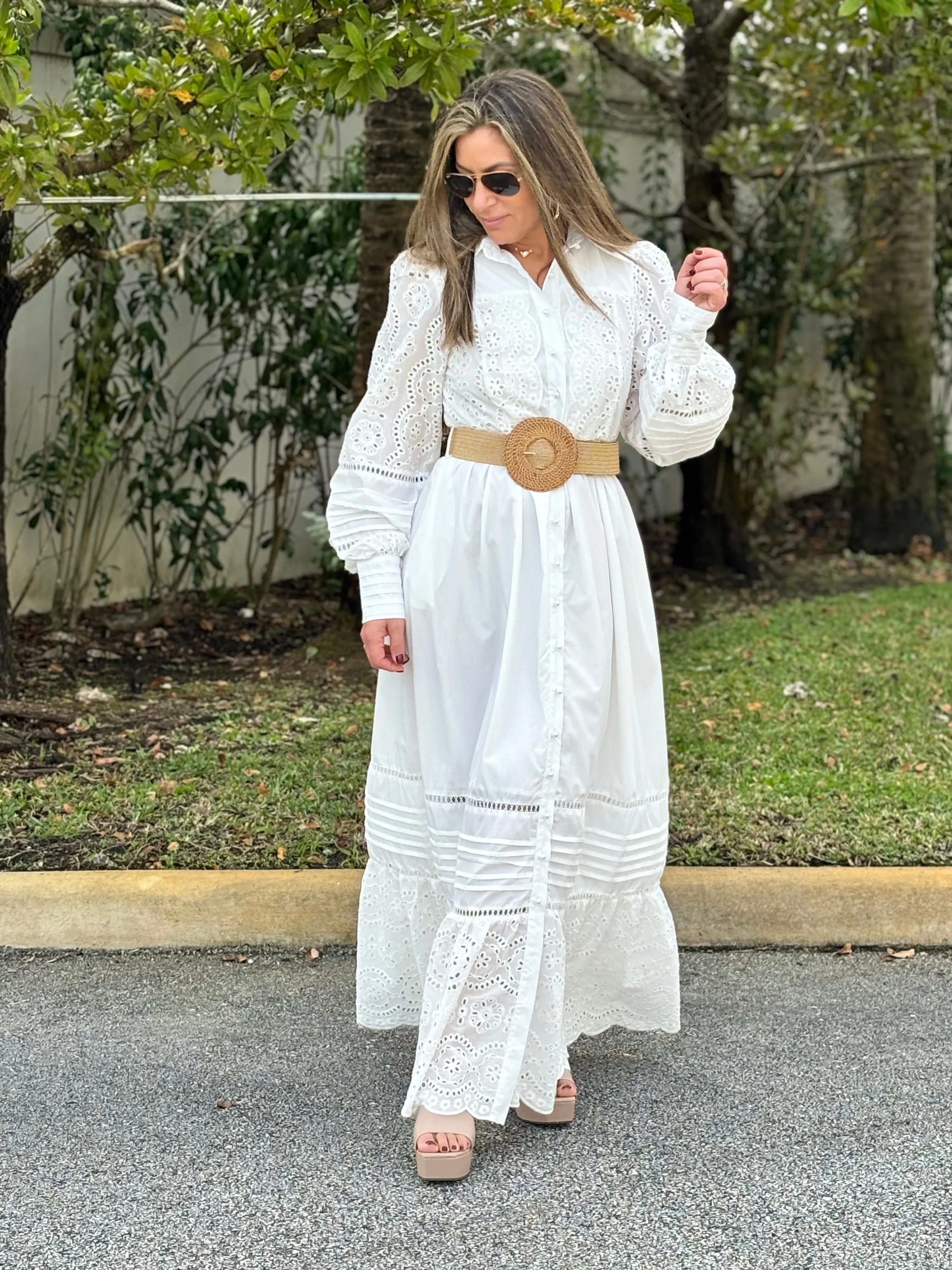 "Oriana" Long Sleeve Button Up White Dress