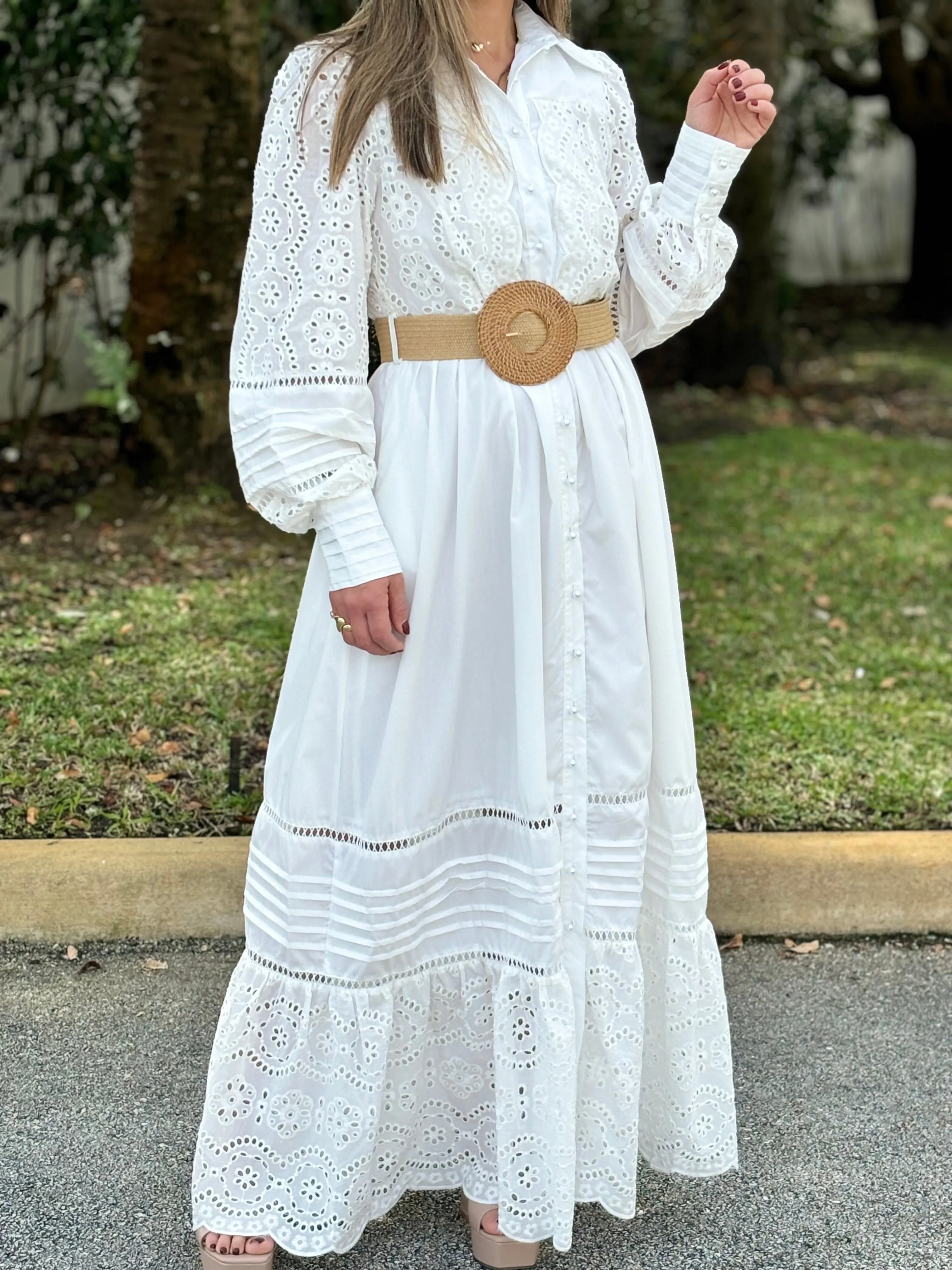 "Oriana" Long Sleeve Button Up White Dress