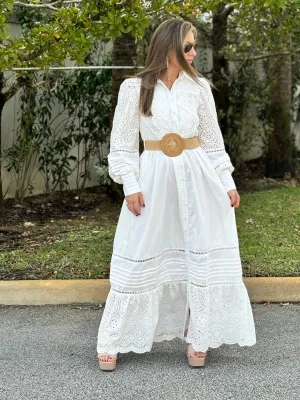 "Oriana" Long Sleeve Button Up White Dress