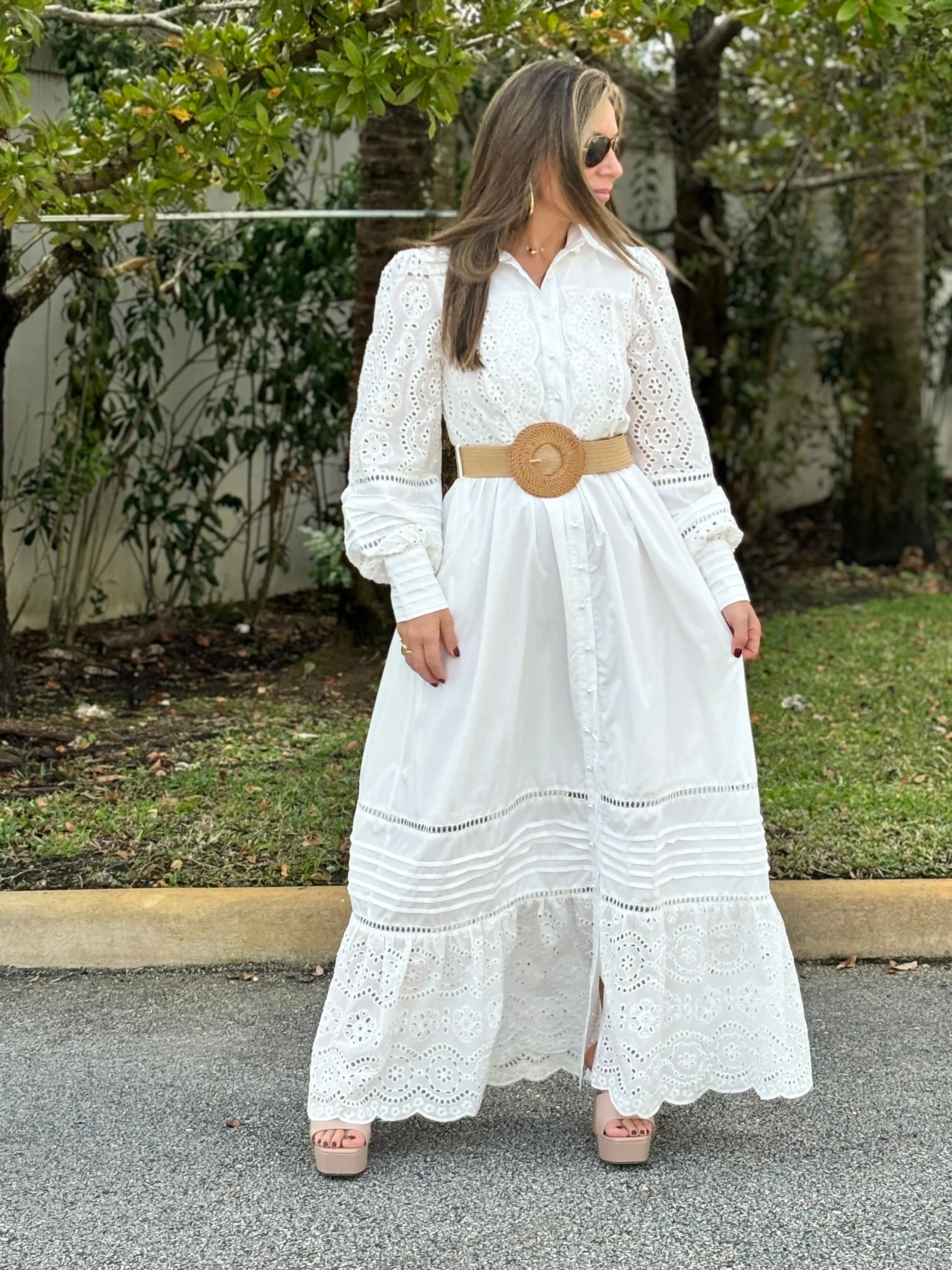 "Oriana" Long Sleeve Button Up White Dress