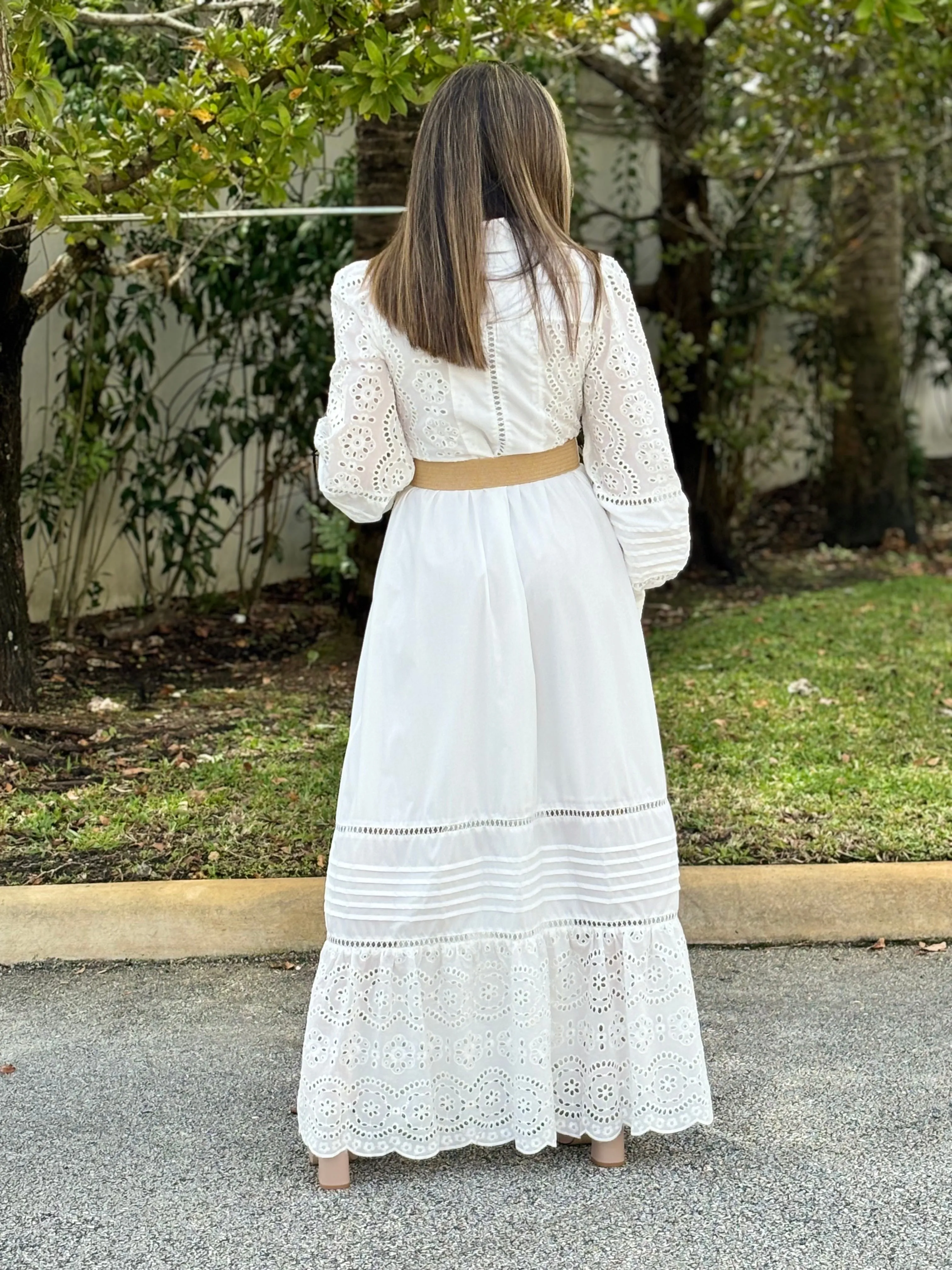 "Oriana" Long Sleeve Button Up White Dress