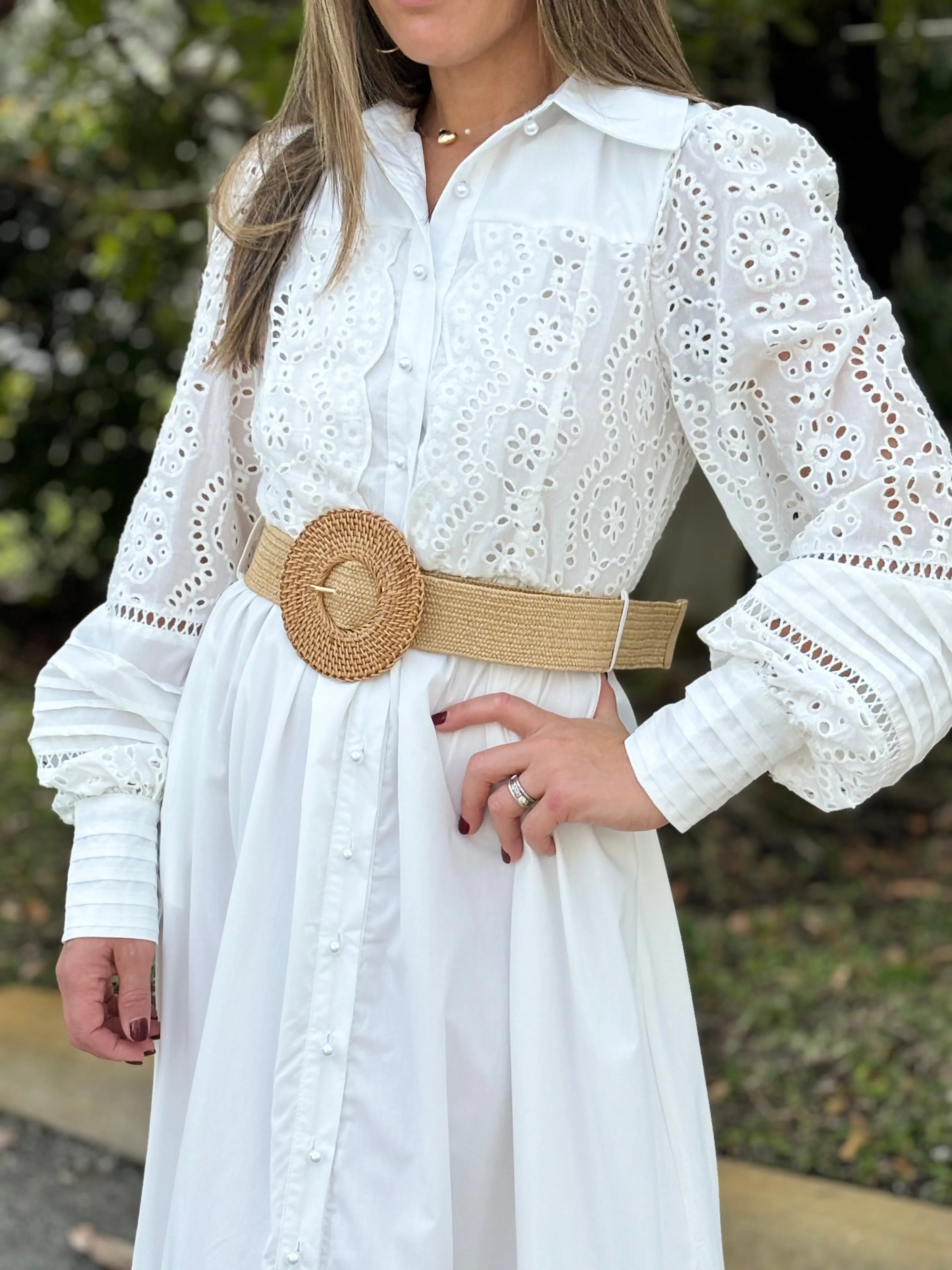 "Oriana" Long Sleeve Button Up White Dress