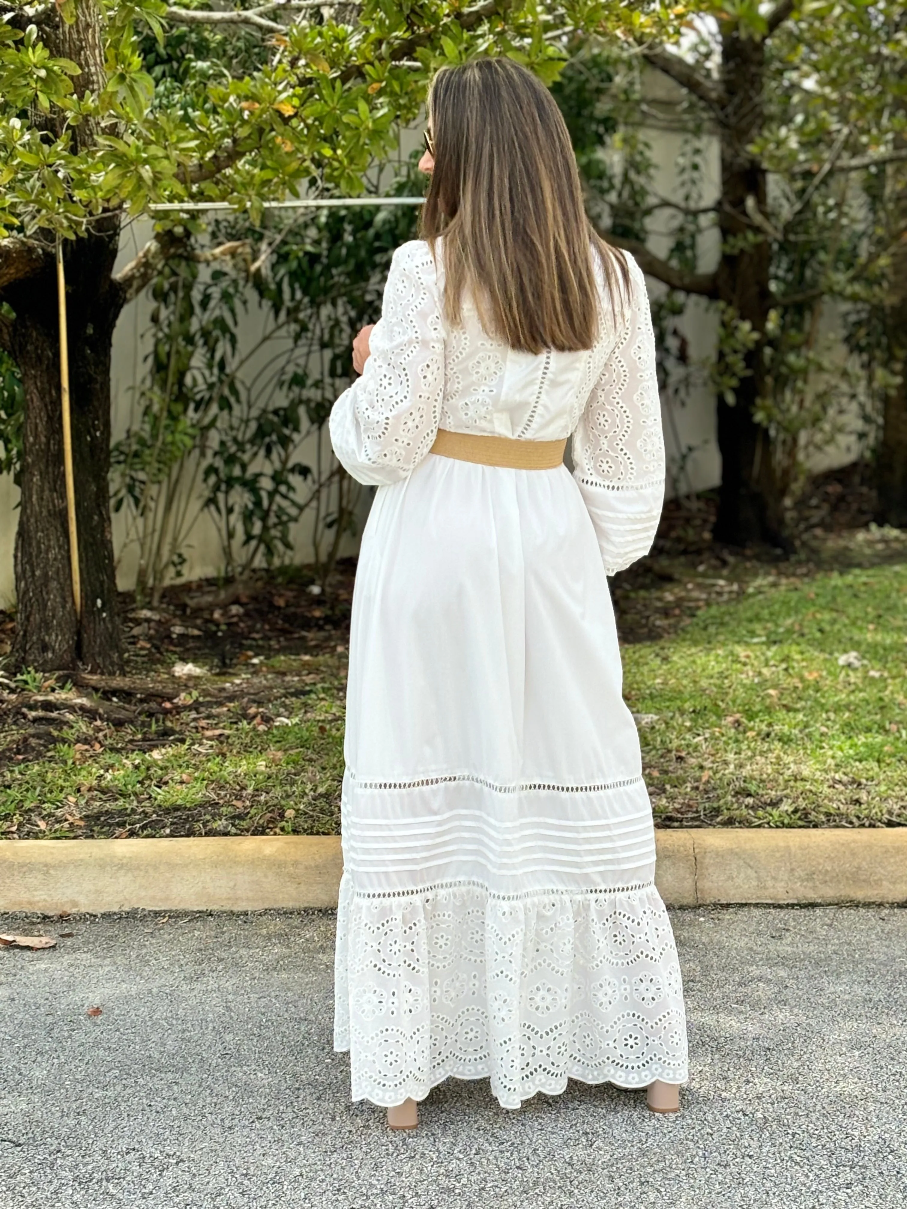"Oriana" Long Sleeve Button Up White Dress