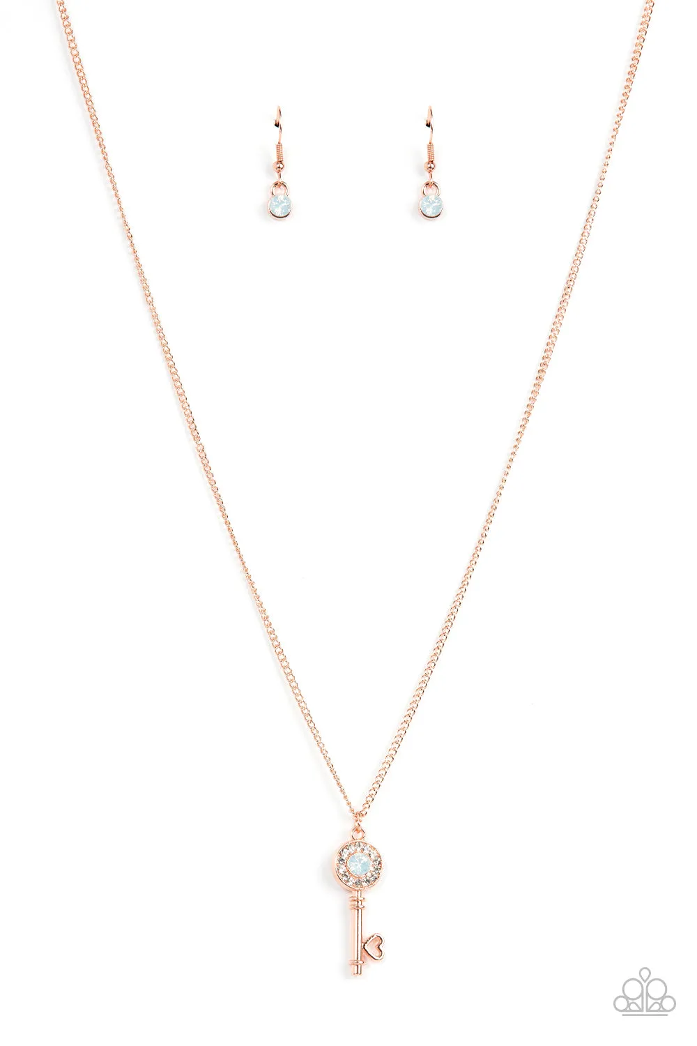"Prized Key Player" Copper Metal Blue Rhinestone Key with Heart Necklace Set
