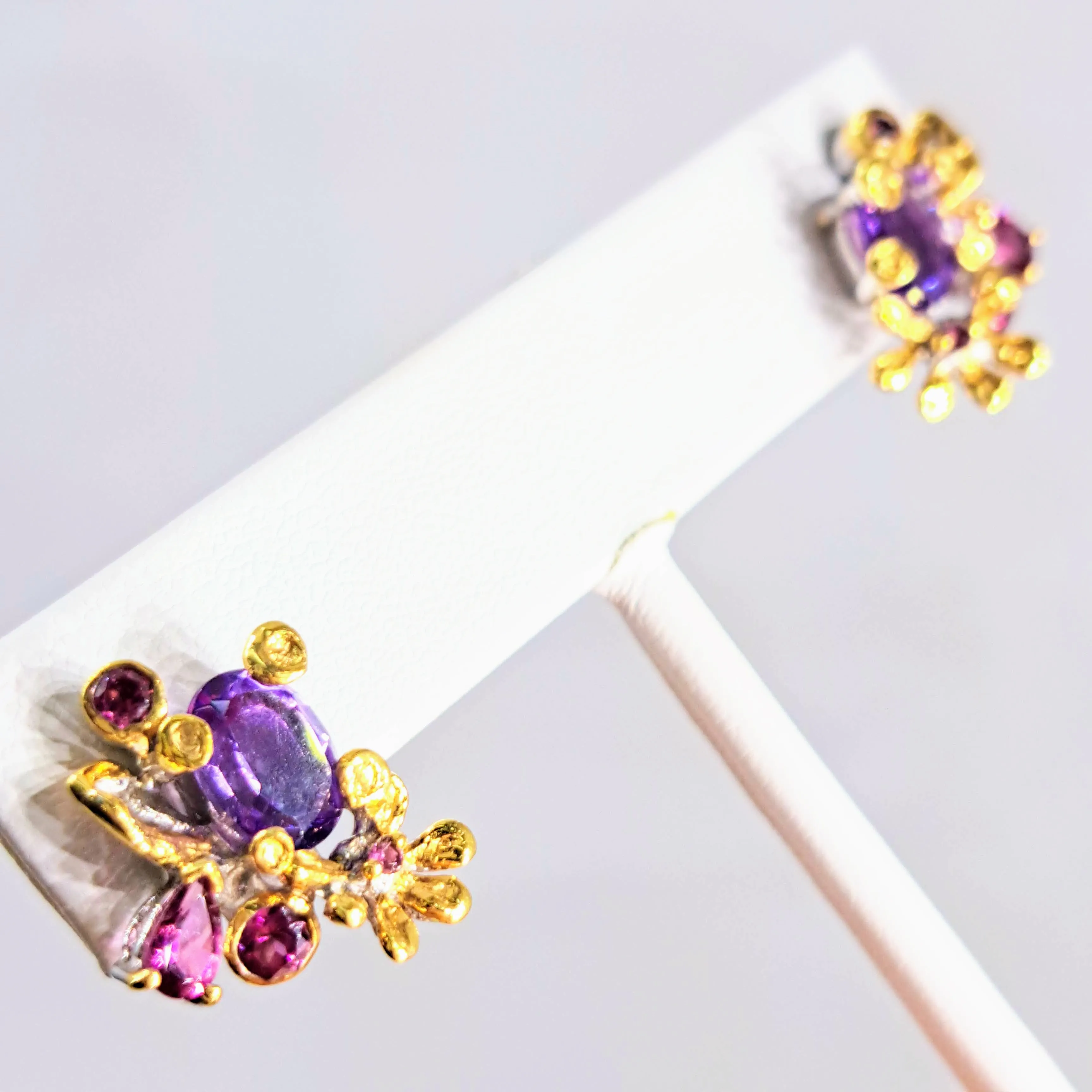 "Violet Desires" .75" Earrings - Amethyst, Rhodolite Garnet, Sterling, 18k Gold
