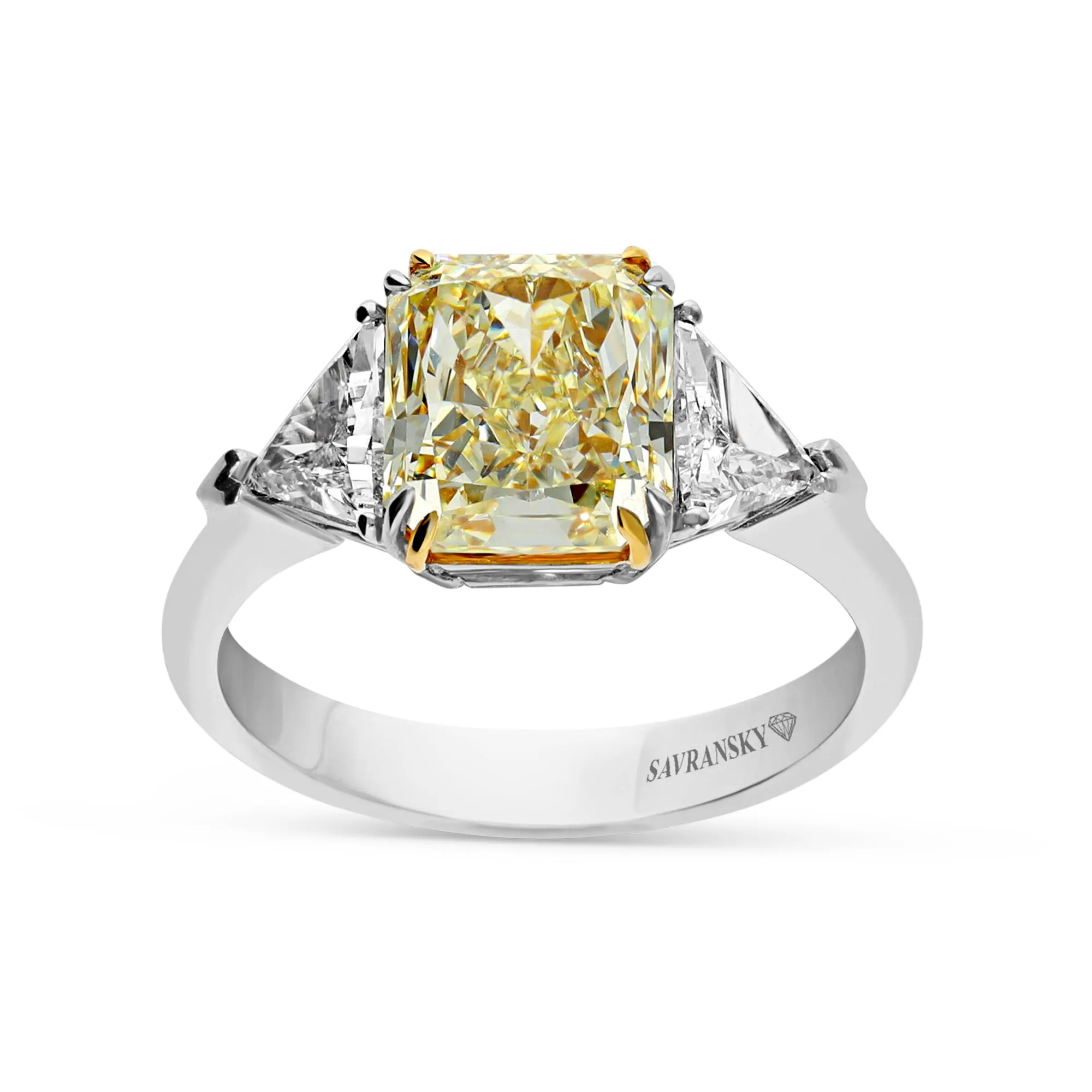 Radiant Cut Fancy Yellow Three Stone Trillion Ring