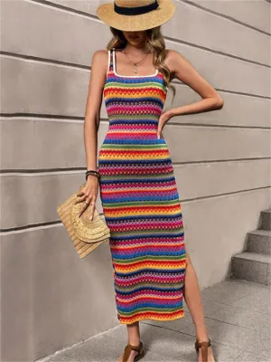 Retro Multicolor Stripes Square Neck Bodycorn Dress for Women