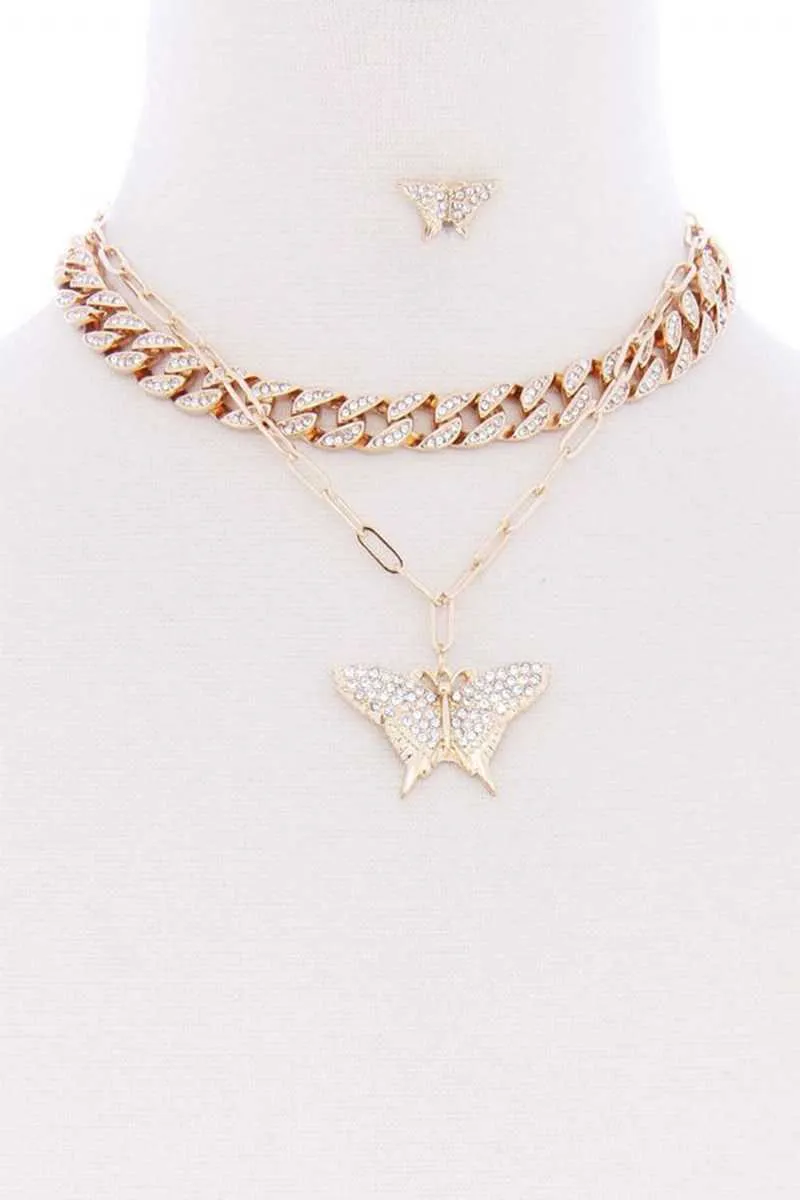 Rhinestone Studded Link Chain With Butterfly Pendant Necklace Earring Set