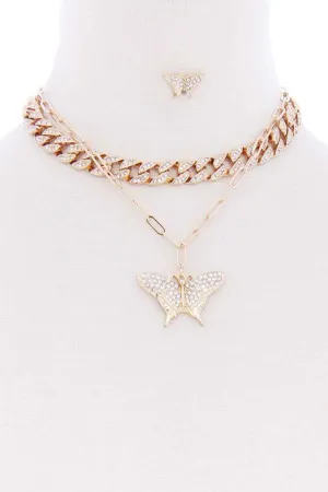 Rhinestone Studded Link Chain With Butterfly Pendant Necklace Earring Set