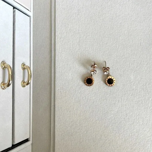 Roman Numerals Gold-Plated Stainless Steel Stud Earrings with CZ-Studded Hanging Black Center