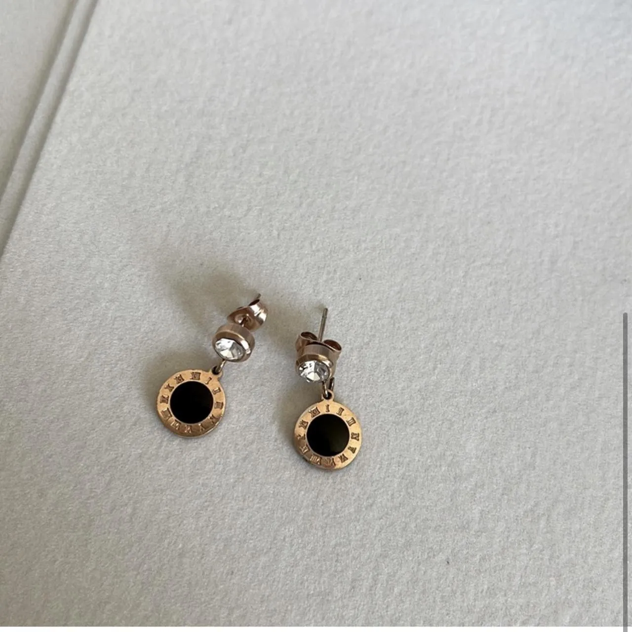 Roman Numerals Gold-Plated Stainless Steel Stud Earrings with CZ-Studded Hanging Black Center