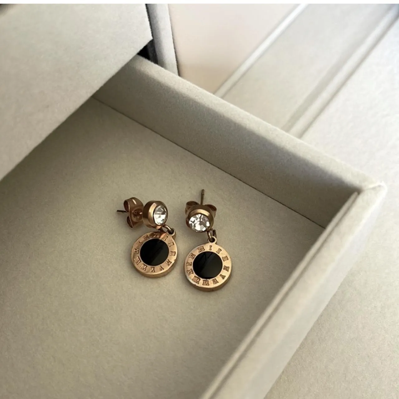 Roman Numerals Gold-Plated Stainless Steel Stud Earrings with CZ-Studded Hanging Black Center