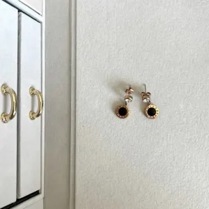 Roman Numerals Gold-Plated Stainless Steel Stud Earrings with CZ-Studded Hanging Black Center