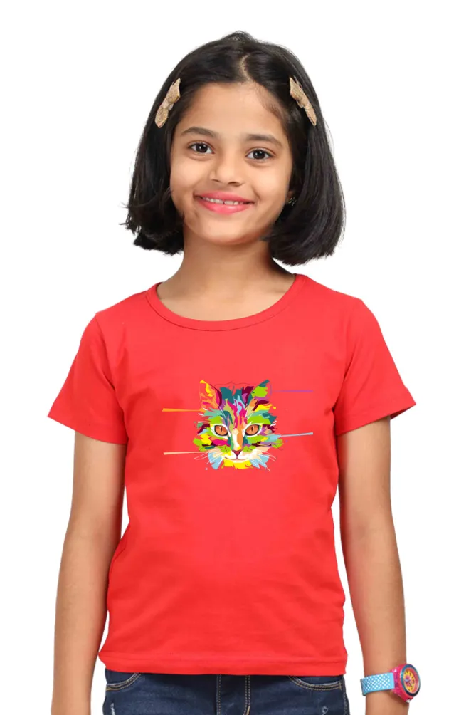 Round Neck T-Shirt (Girls) - Laser Sharp Cat (7 Colours)