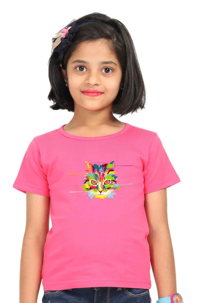 Round Neck T-Shirt (Girls) - Laser Sharp Cat (7 Colours)