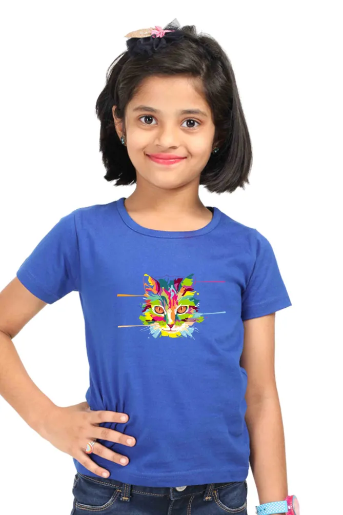 Round Neck T-Shirt (Girls) - Laser Sharp Cat (7 Colours)