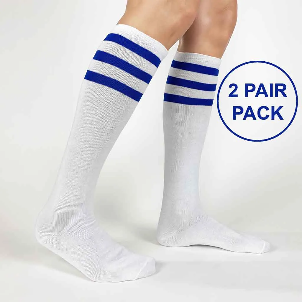 Royal Blue Striped White Cotton Knee High Socks - 2 Pack