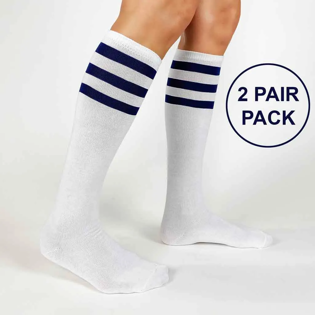 Royal Blue Striped White Cotton Knee High Socks - 2 Pack