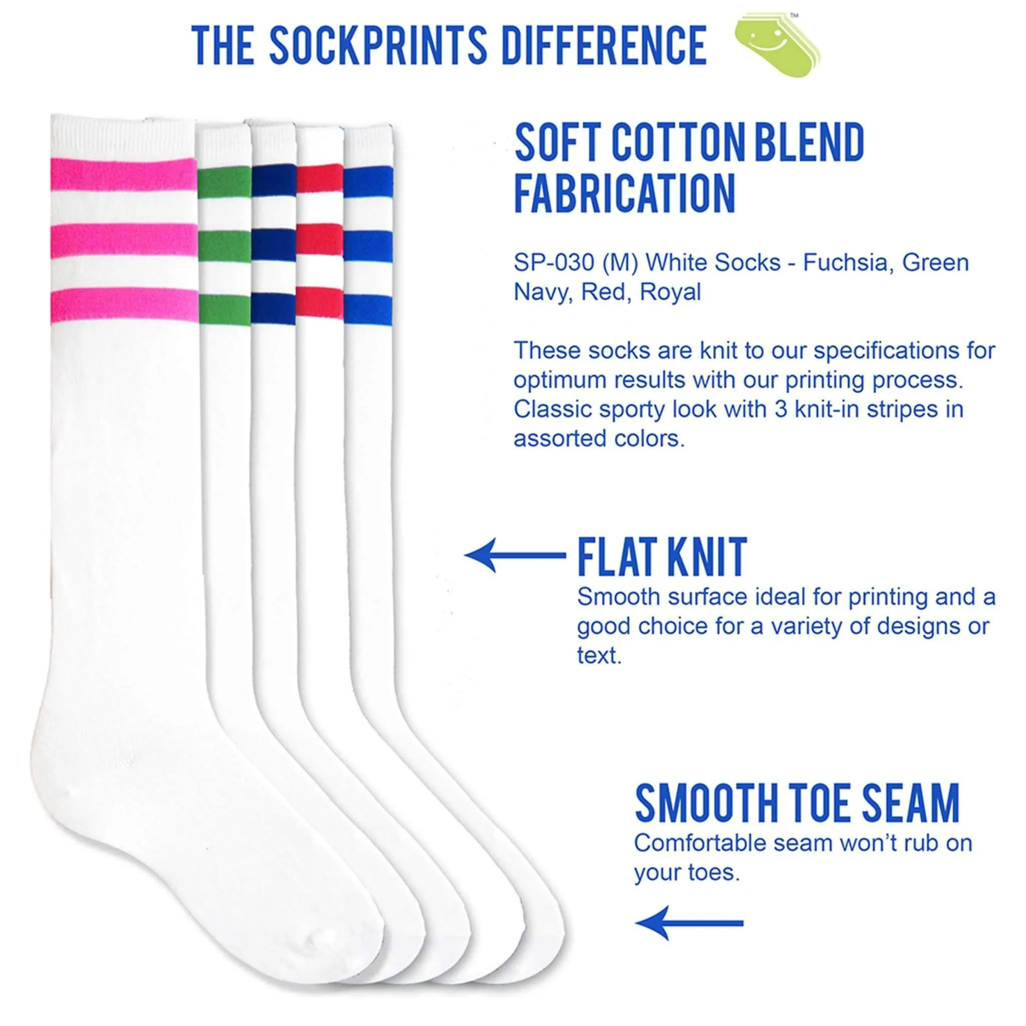 Royal Blue Striped White Cotton Knee High Socks - 2 Pack