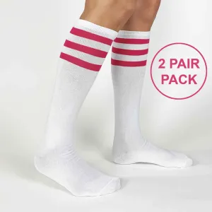 Royal Blue Striped White Cotton Knee High Socks - 2 Pack