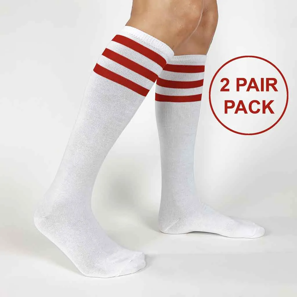 Royal Blue Striped White Cotton Knee High Socks - 2 Pack
