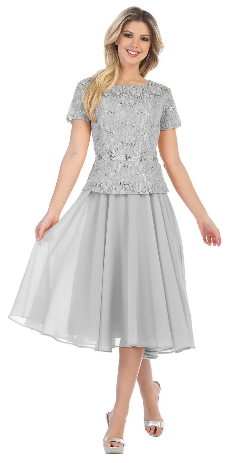 Sally Fashion 8865 Tea-Length Chiffon Skirt A-Line Dress Short Sleeve