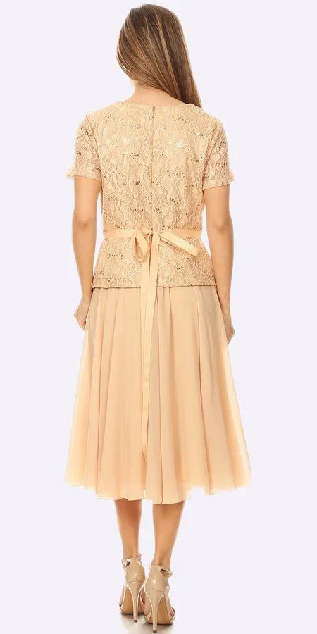 Sally Fashion 8865 Tea-Length Chiffon Skirt A-Line Dress Short Sleeve