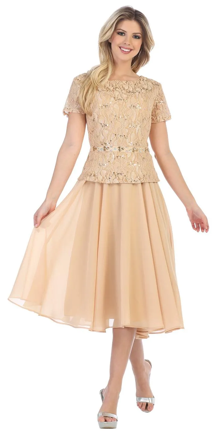 Sally Fashion 8865 Tea-Length Chiffon Skirt A-Line Dress Short Sleeve