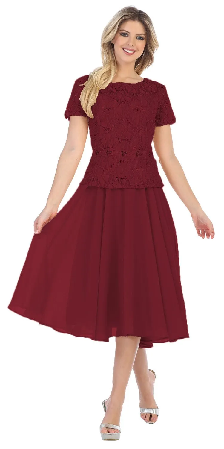 Sally Fashion 8865 Tea-Length Chiffon Skirt A-Line Dress Short Sleeve