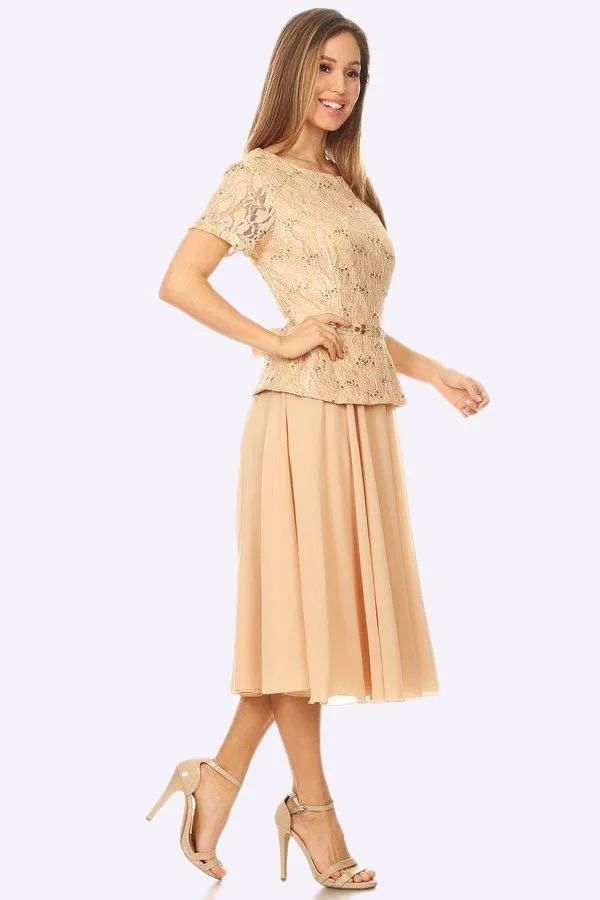 Sally Fashion 8865 Tea-Length Chiffon Skirt A-Line Dress Short Sleeve