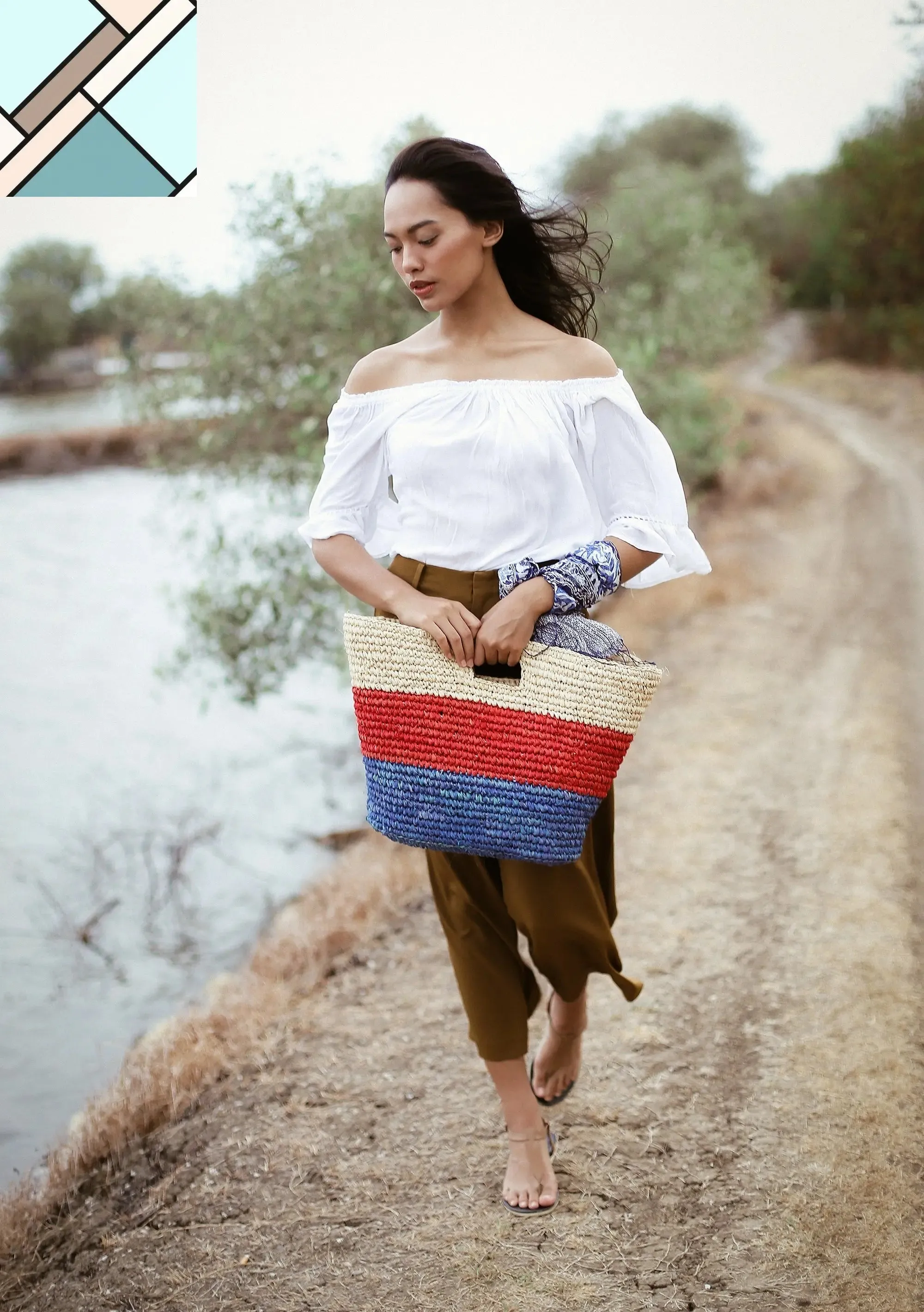 Sayan Raffia Tote Bag, in Red & Blue by BrunnaCo