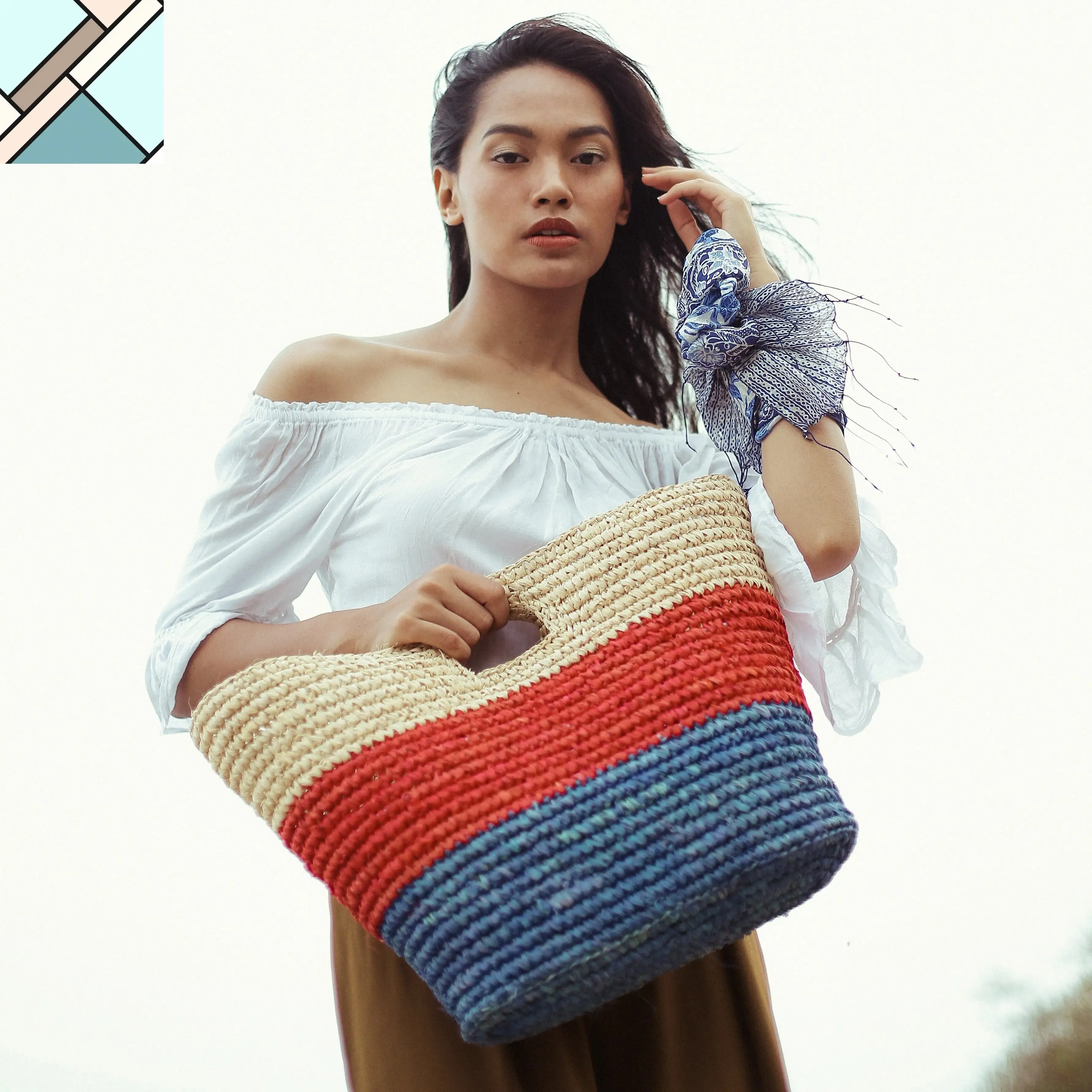 Sayan Raffia Tote Bag, in Red & Blue by BrunnaCo