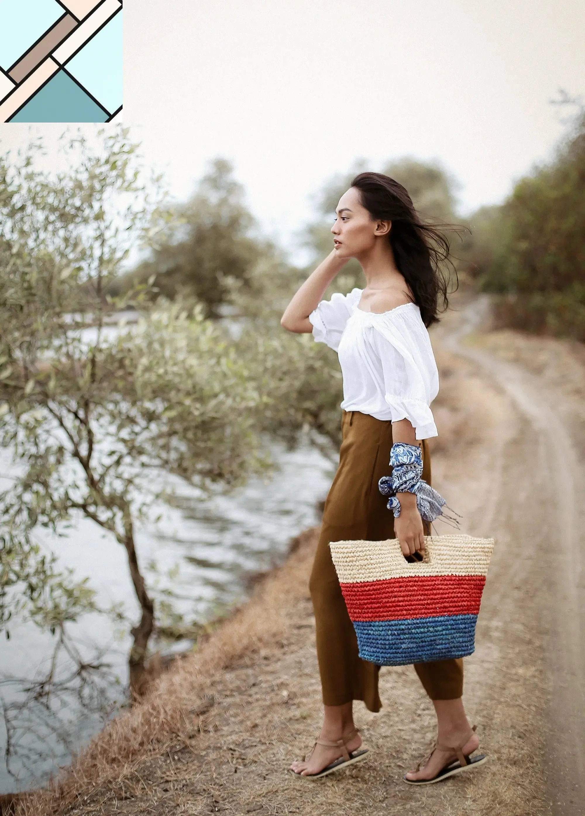 Sayan Raffia Tote Bag, in Red & Blue by BrunnaCo