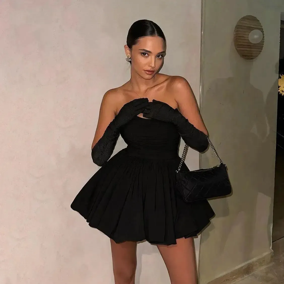 Sexy Strapless dress Sleeveless Pleated Slim Fit Solid Color A-Line Dress Women