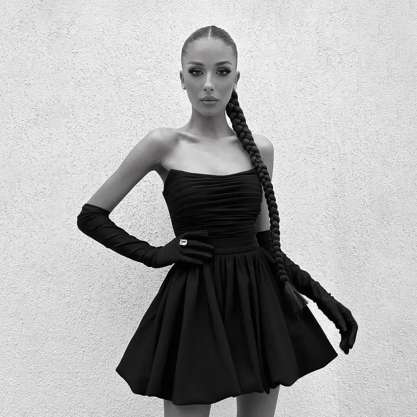 Sexy Strapless dress Sleeveless Pleated Slim Fit Solid Color A-Line Dress Women