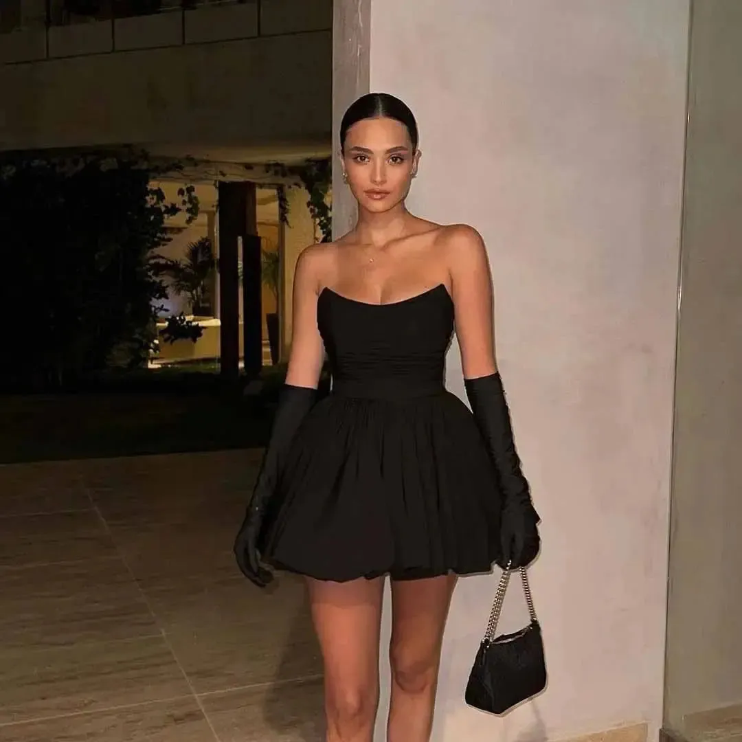 Sexy Strapless dress Sleeveless Pleated Slim Fit Solid Color A-Line Dress Women