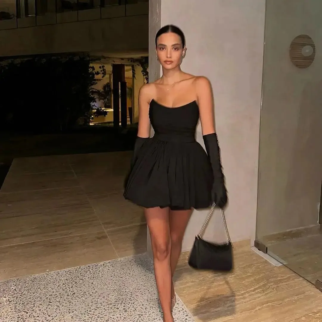 Sexy Strapless dress Sleeveless Pleated Slim Fit Solid Color A-Line Dress Women