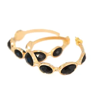 SHINY GOLD BLACK/JET CUT BEADS HOOP EARRINGS  #GLE0027E_SHINY-GD-BLK (RD19)