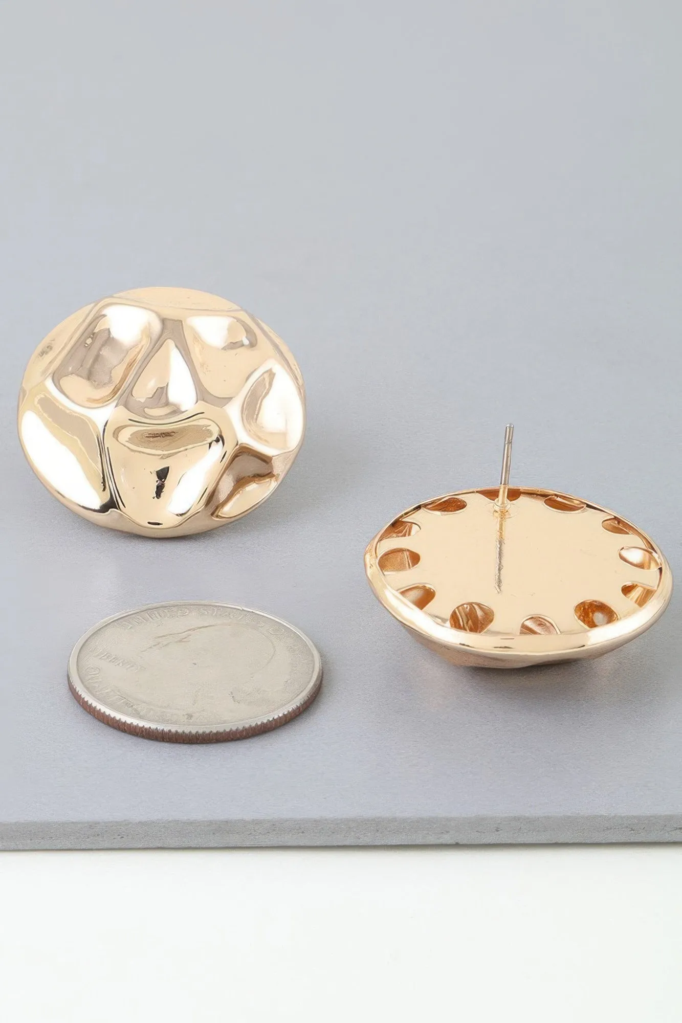 Shiny Gold Tone Hammered Dome Earrings