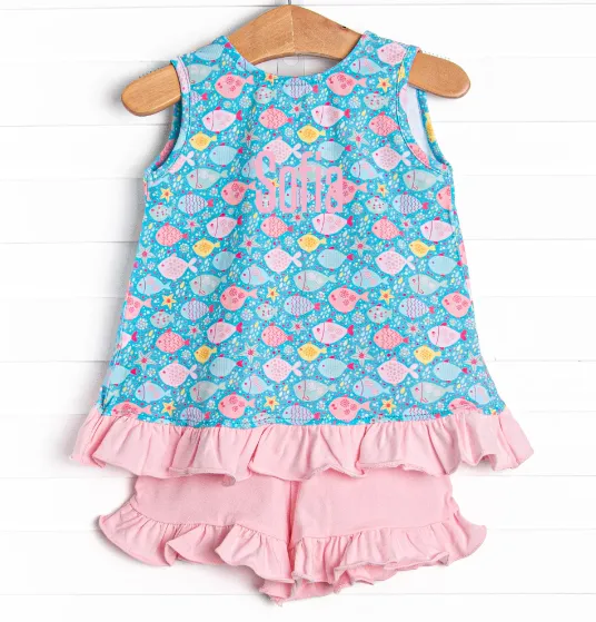 Shiny Scales Ruffle Short Set, Blue