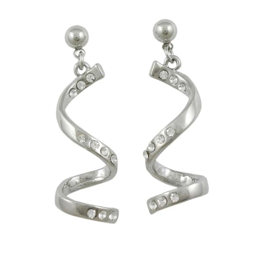 Silver Crystal Drop Curl Dangling Pierced Earring - REC826A