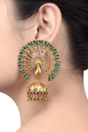 Silver Gold Plated Green Mayura Jhumka Earrings